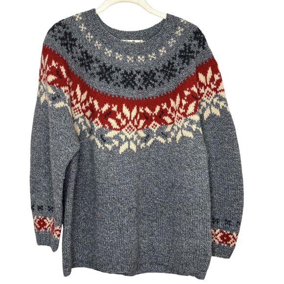 Eddie Bauer Sweater Womens Medium Gray Wool Fair Isle Nordic Snowflake Pullover - Picture 1 of 6